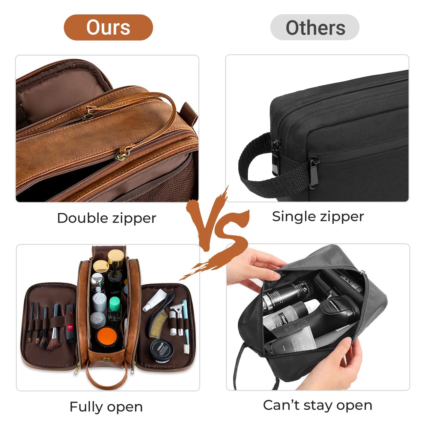 Elviros Toiletry Bag for Men, Large Travel Shaving Dopp Kit Water-resistant Bathroom Toiletries Organizer PU Leather Cosmetic Bags Fathers Day Gift (Medium, Brown)