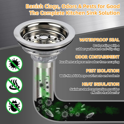 Kitchen Sink Drain Assembly, Stainless Steel Basket Strainer with Knob, 3-1/2 Inch Sink Drain Stopper Plug, Threaded Plastic Sink Strainer Tailpiece 1-1/2 in