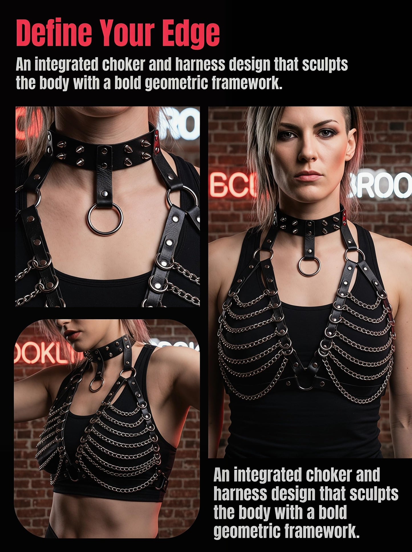 Punk Layered Chest Chain,Leather Bra CageStyle Shoulder Strap,Punk Black Leather Chest Harness Body Waist Chain Belt Rave Nightclub Belly Bra Jewelry Accessor for Halloween Carnival