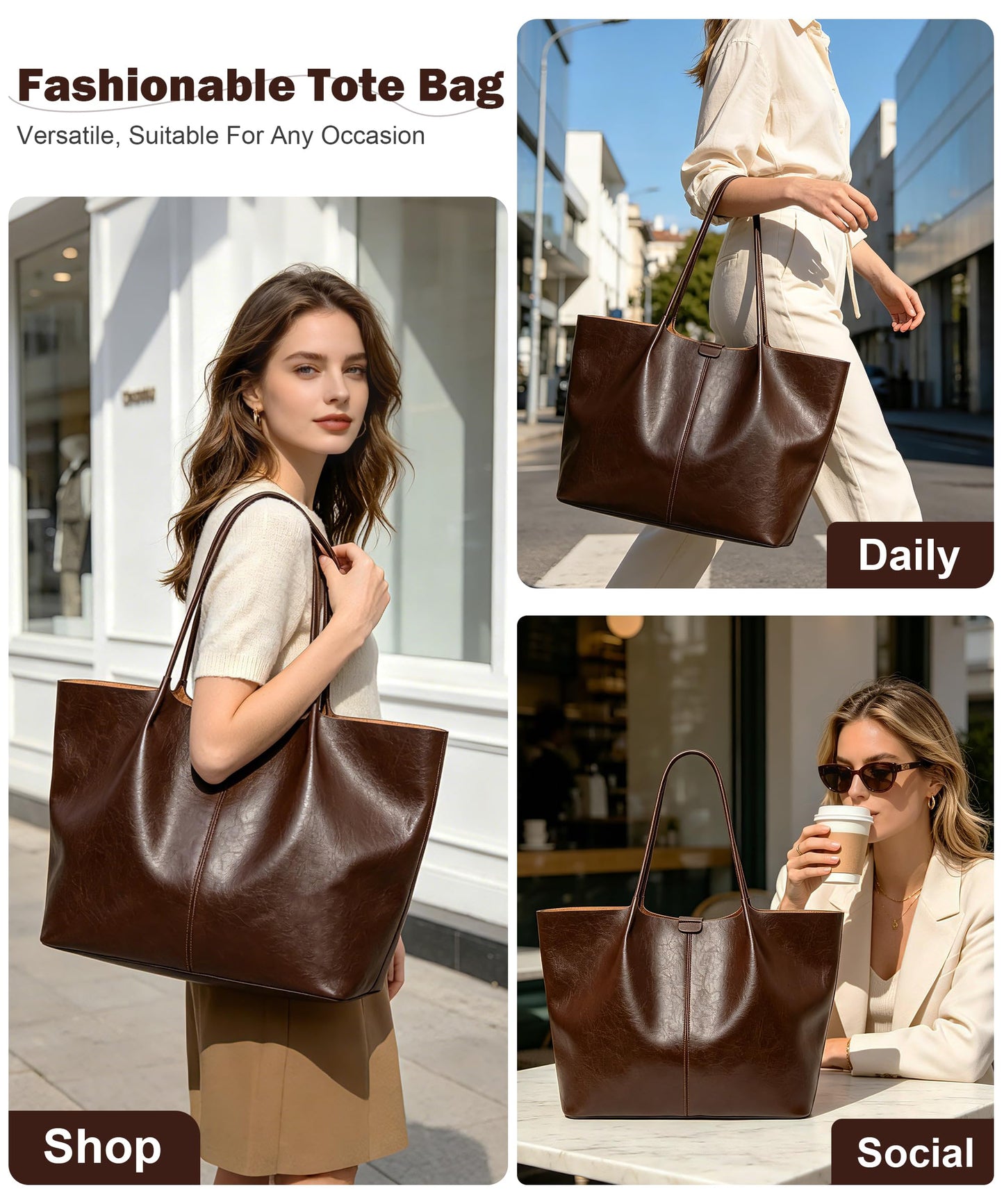 Tote Bag For Women Large Capacity Soft Leather Purse With Interior Pouch Multi-Use For Daily Commute Work Travel (Coffee-L)