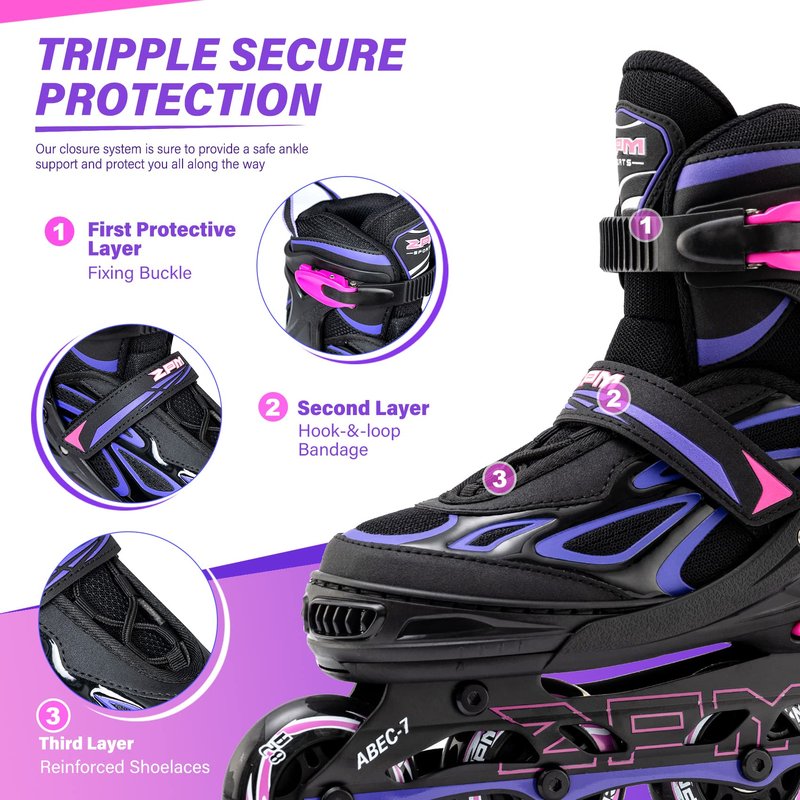 2PM SPORTS Vinal Girls and Boys Adjustable Flashing Inline Skates, All Wheels Light Up, Fun Illuminating for Kids and Women - Violet S