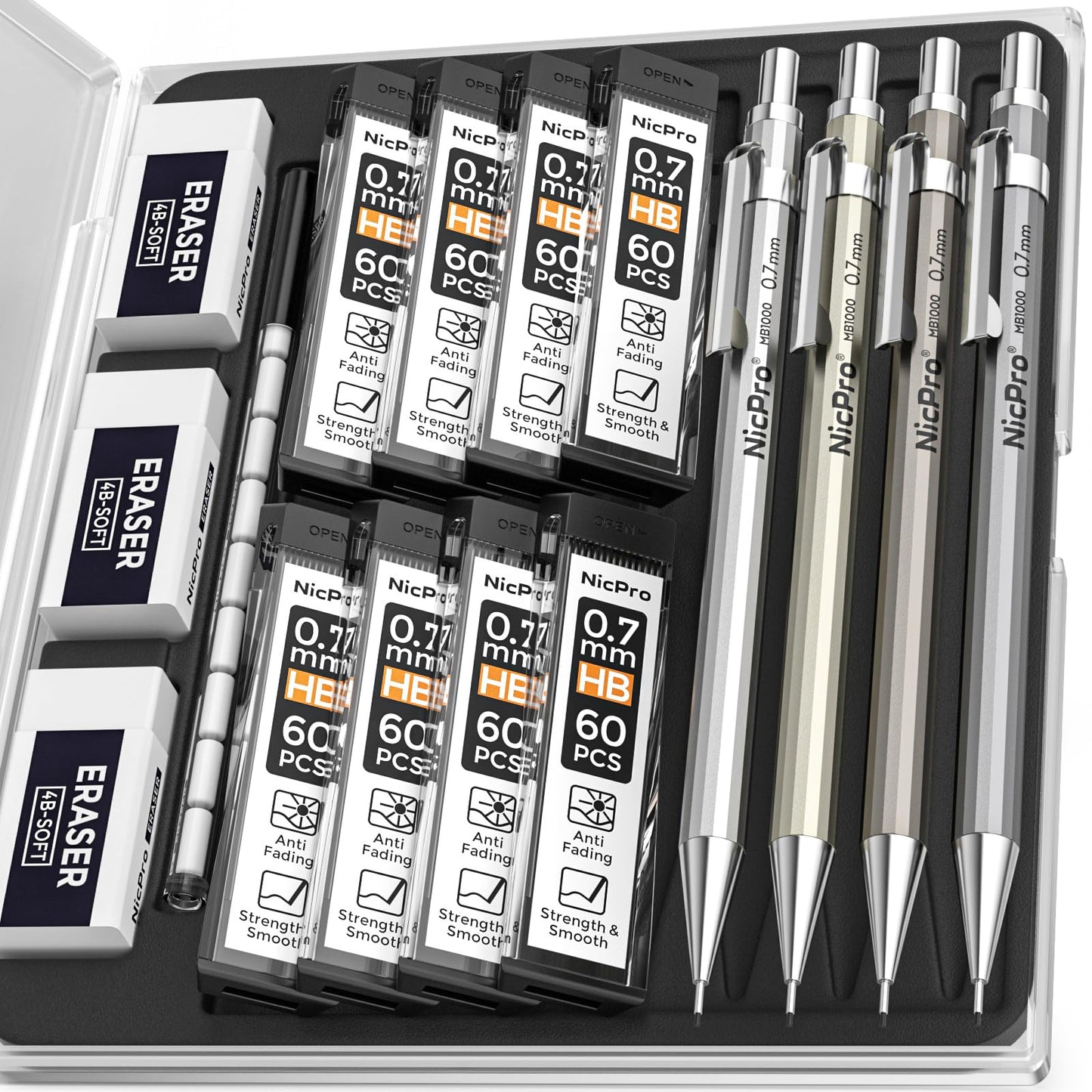 Nicpro 4 Pack Mechanical Pencil 0.7mm with Case, MB1000 Metal Mechanical Pencil Set with 6 Tube HB #2 Lead Refill 0.7 mm, 3PCS 4B Eraser, 9 Cap Eraser for Artist Drafting Writing, Sketching, Drawing