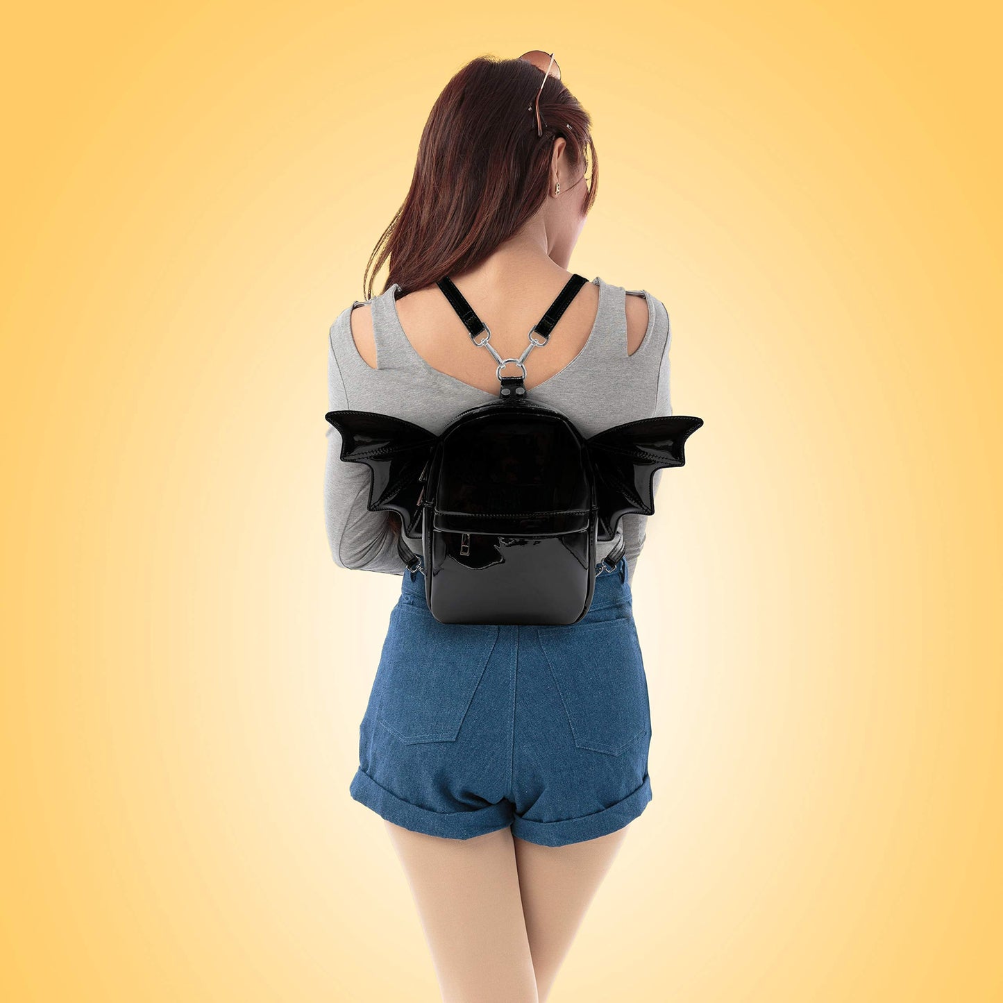 Prime Original Women Fashion Mini Backpack | Detachable Bat Angel Wing Shoulder Bag (Black Patent)
