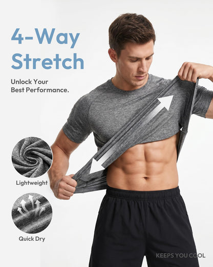 MCPORO Workout Shirts for Men Short Sleeve Quick Dry Athletic Gym Active T Shirt Moisture Wicking 3 Pack Dark Grey, Army Green, Wine Red XX-Large
