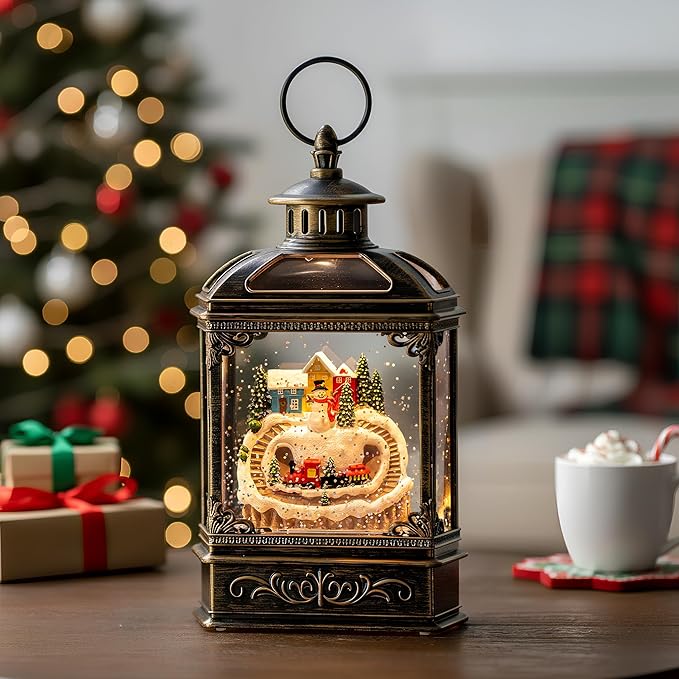 Christmas Snow Globe Lantern Water Glittering Snowman & Train with Music, USB Lined/Battery Operated Lighted Lantern for Christmas Festival Decoration Gifts