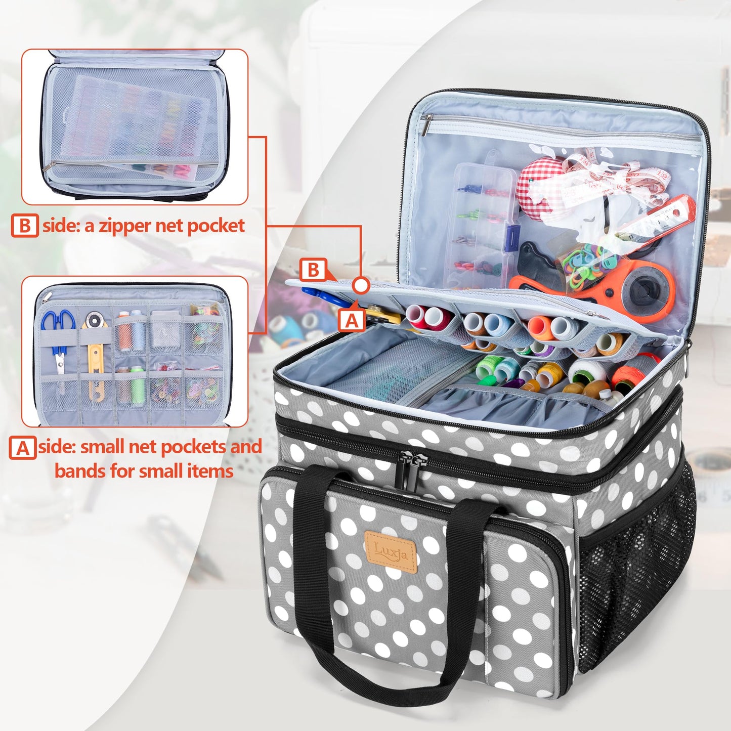 LUXJA Large Sewing Organizer with Many Compartments, 2 Layers Sewing Accessories Organizer with Varisized Pockets for Sewing and Crafting Supplies (Bag Only), Polka Dots