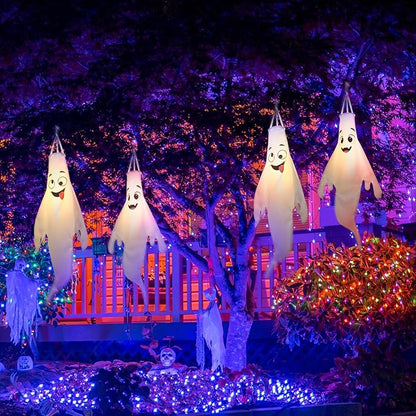 Halloween-Decorations-Outdoor Hanging-Ghost Windsocks for Trees with Timer, LED Ghosts to Hang in Tree Porch Yard, Waterproof, Timer, 4 Pcs (No Batteries)