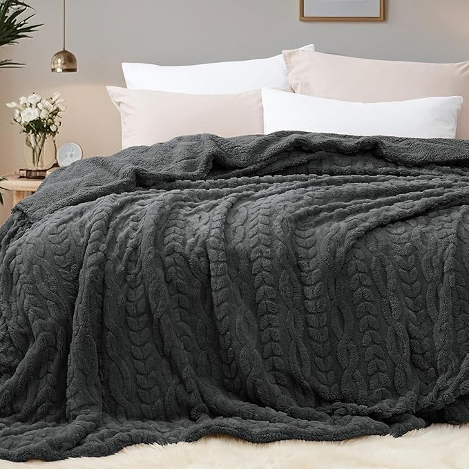 PHF Fluffy Sherpa Blanket Twin Size for Winter, Warm and Soft, 510GSM 3D Jacquard Thick Shaggy Fleece Plush Blanket for Sofa Bed, Dark Grey, 60"x80"