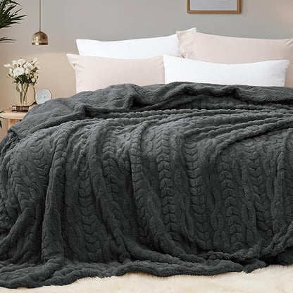 PHF Fluffy Sherpa Blanket Twin Size for Winter, Warm and Soft, 510GSM 3D Jacquard Thick Shaggy Fleece Plush Blanket for Sofa Bed, Dark Grey, 60"x80"