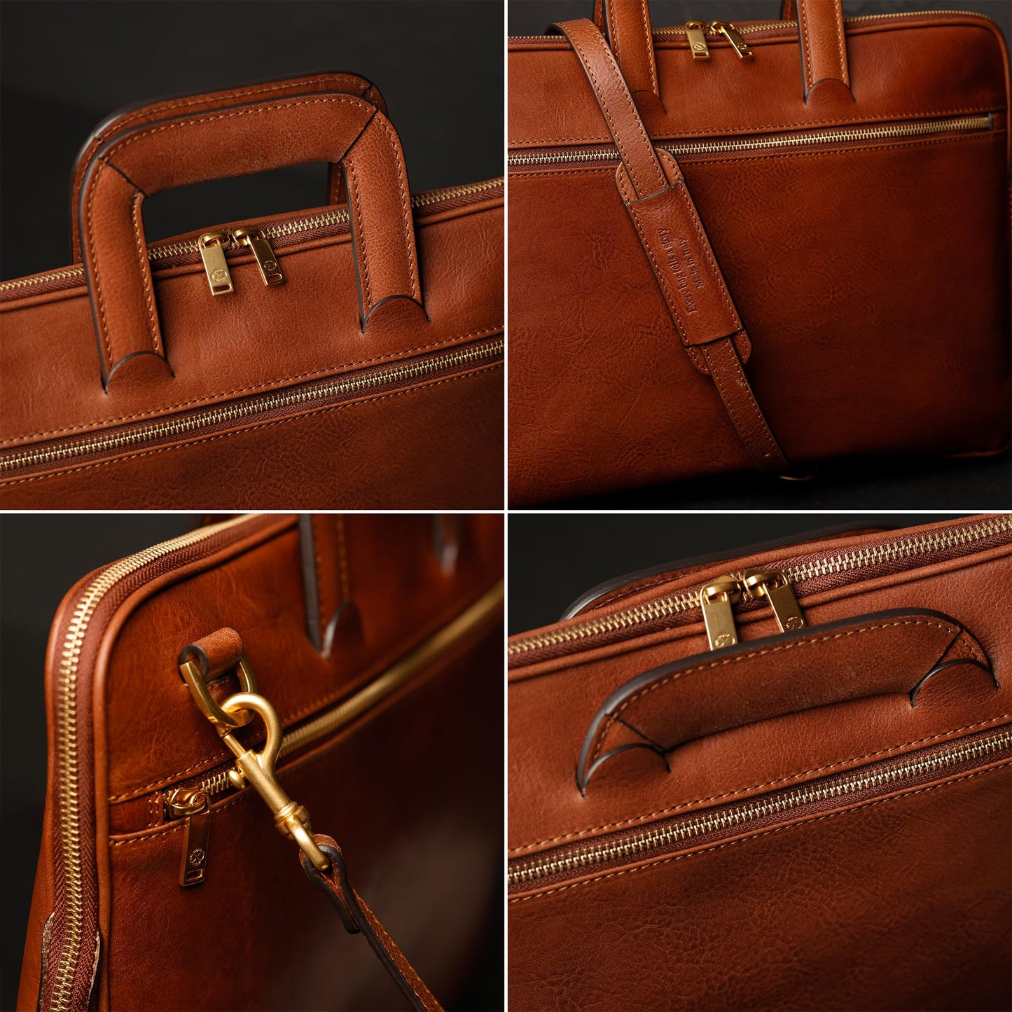 Time Resistance Slim Leather Briefcase - Italian Handmade Leather Laptop Bag for Men and Women (Cognac Brown)