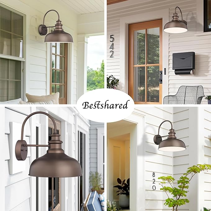 Bestshared Gooseneck Barn Light 14 Inch Dome Farmhouse Wall Sconce, Outside Wall Mount Light, Exterior Lighting Fixture, Front Door Porch Lantern Lamp for Entryway, Patio (ORB+White, 14” Dome-2Pack)