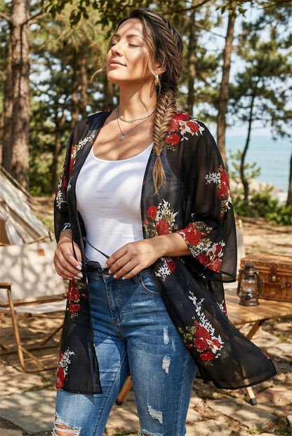 St Patricks Day Shirt Bathing Suit Cover Up Green Floral Kimono Cardigans Festival Tops(Black Green Clover, M)