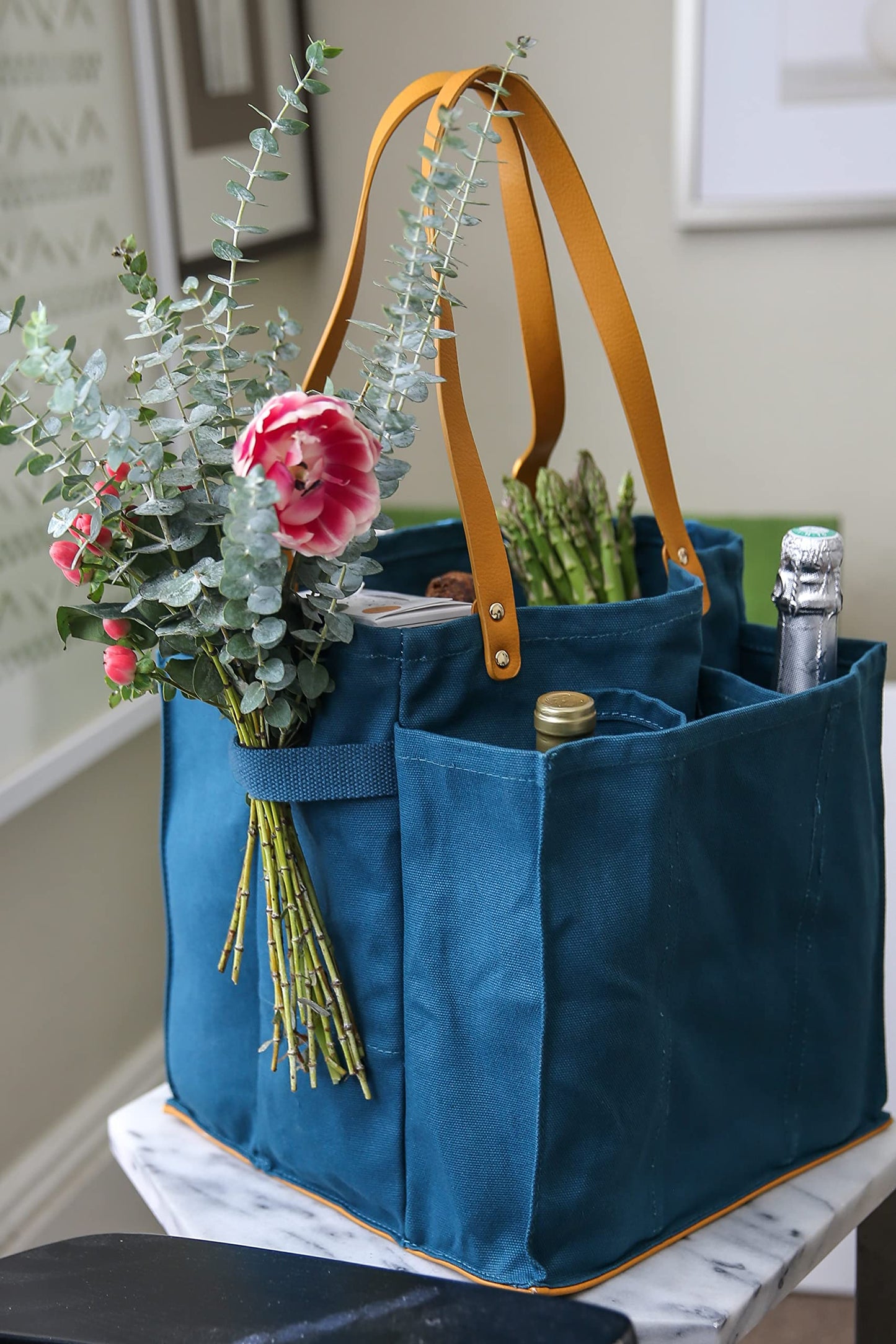 CapaBunga Farmer's Market Tote Shopping Bags with Handles - 7 Pocket Large Utility Tote Bag - Heavy Duty Canvas Utility Bag with Vegan Leather Base - Reusable Tote Bag - Petrol Blue Grocery Bag