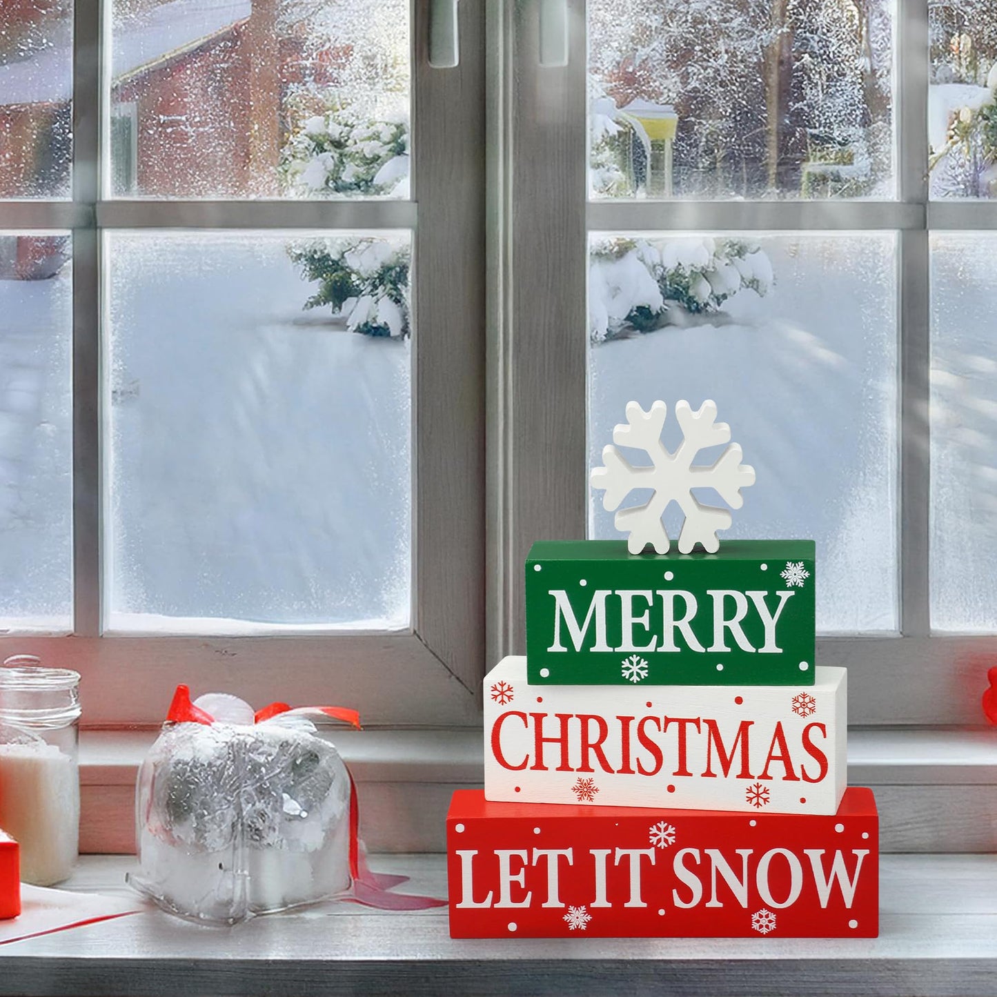 4 Pcs Merry Christmas Wooden Tabletop Decor Let It Snow Table Centerpiece Snowflake Table Sign Xmas Tiered Tray Decor Red Green Wood Block for Xmas Holiday Home Office Kitchen Desk Shelf Decors