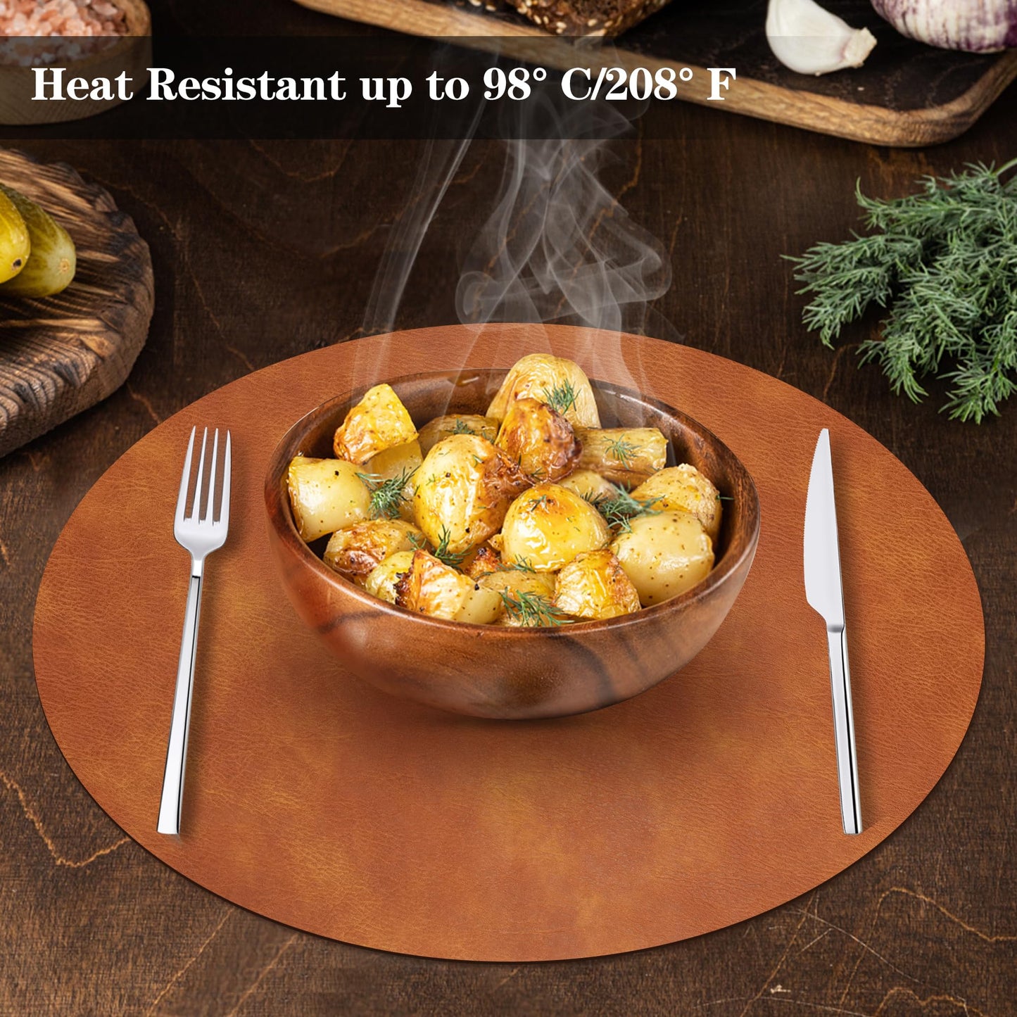 Pixieora Round Placemats and Coasters Set of 8, Washable Reversible Faux Leather Placemats Cowhide Pattern Place Mats Wipeable Non-Slip 15 inch Round Kitchen Dining Table Mats (Gray Brown, 8)