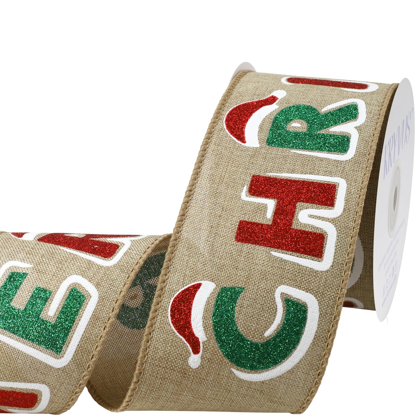 Kryvus Christmas Wired Ribbon, 2.5 Inch x 10 Yards Merry Christmas Ribbon for Wreaths, Tree Decorations, Gift Wrapping and Holiday Crafts, Natural Linen Ribbons with Wired Edge