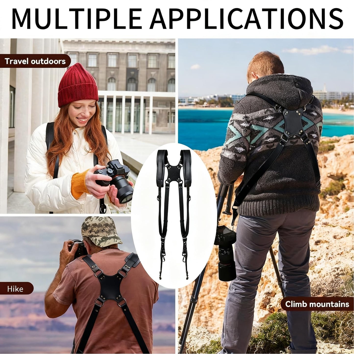 YIHAOSSING Camera Harness,Black Camera Straps for Photographers,Leather Dual Camera Strap for Two DSLR/SLR Cameras (black)
