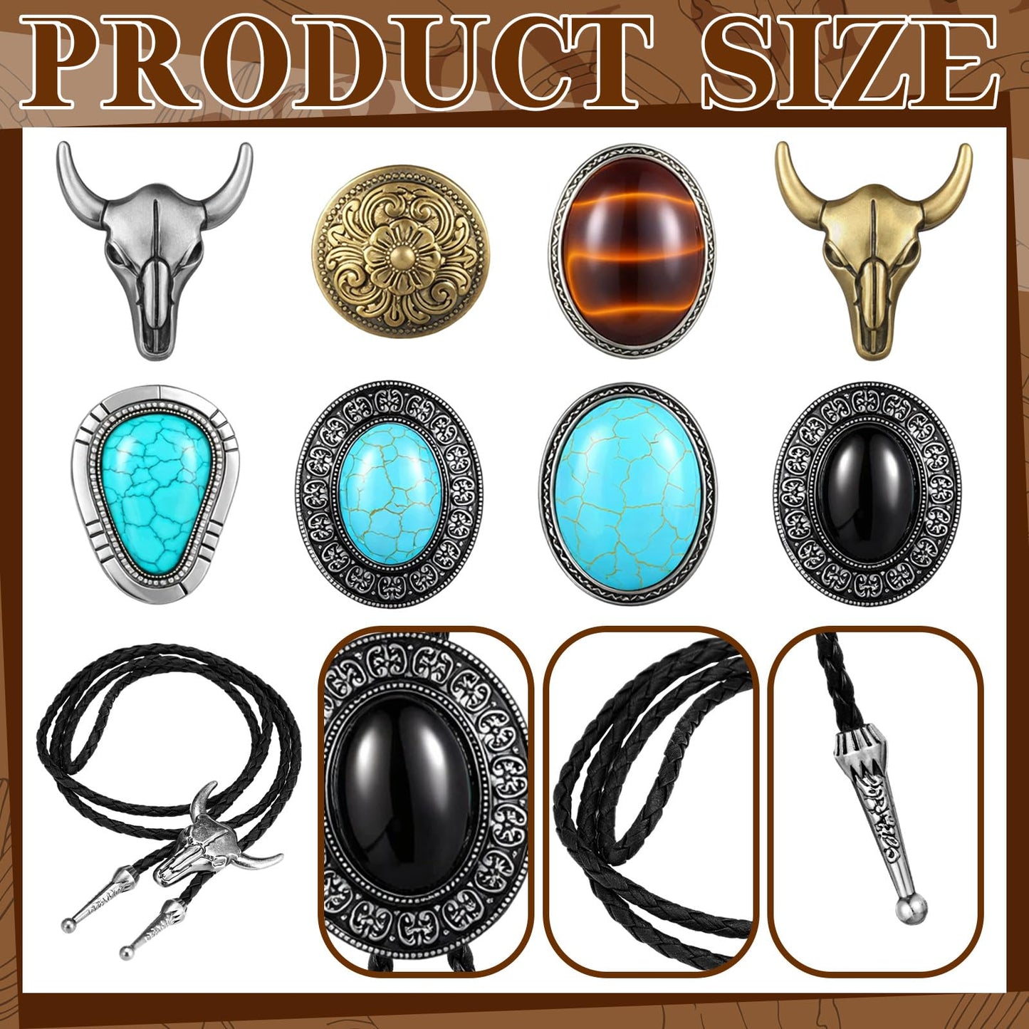 Lyrow 8 Pcs Bolo Ties for Men Women Native Western Cowboy Bola Tie Turquoise Stone Faux Leather Necktie Tie for Costume Accessories (Classic Style)