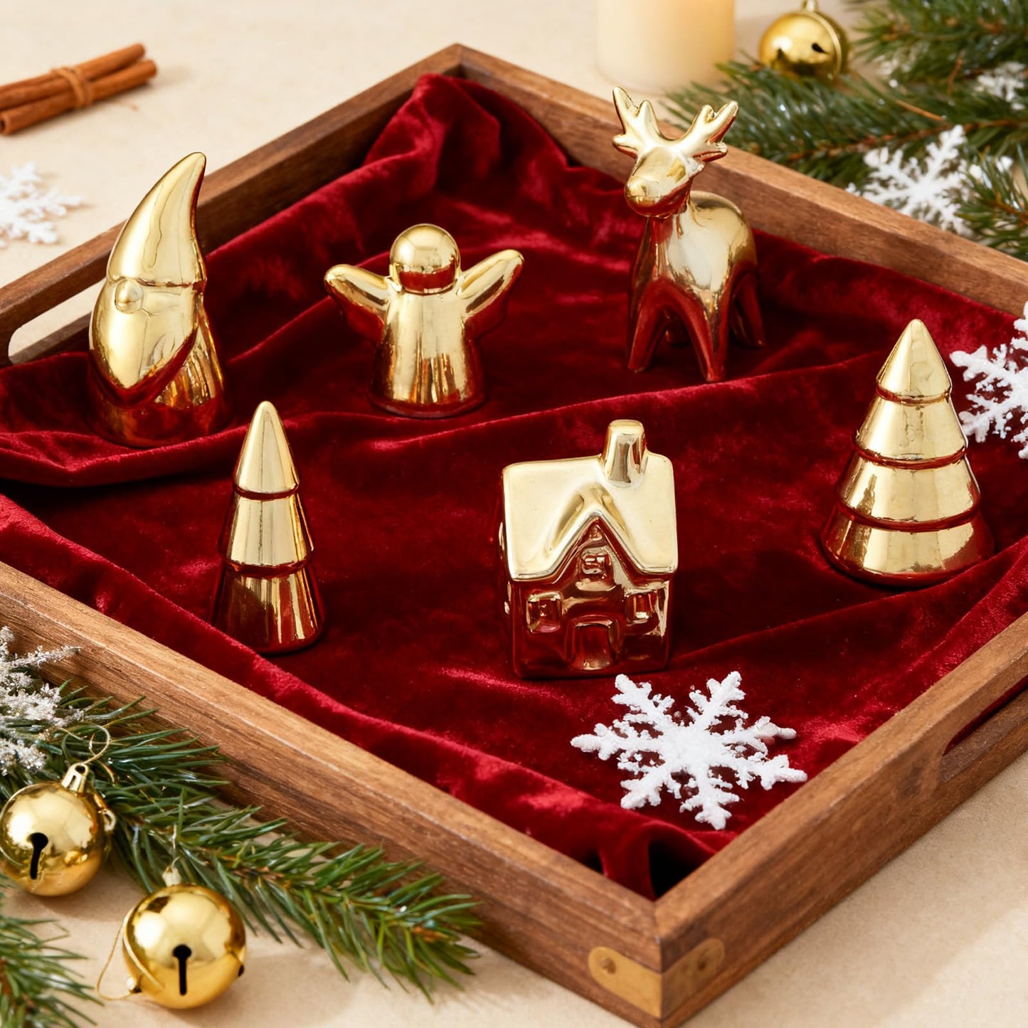 WDS WONDROUS Mini Christmas Figurines Set, 6 Pcs Miniature Christmas Village Houses Set with House, Reindeer, Trees, Angel, Santa - Mini Xmas Figurines Decor for Tiered Tray, Mantel, Centerpiece