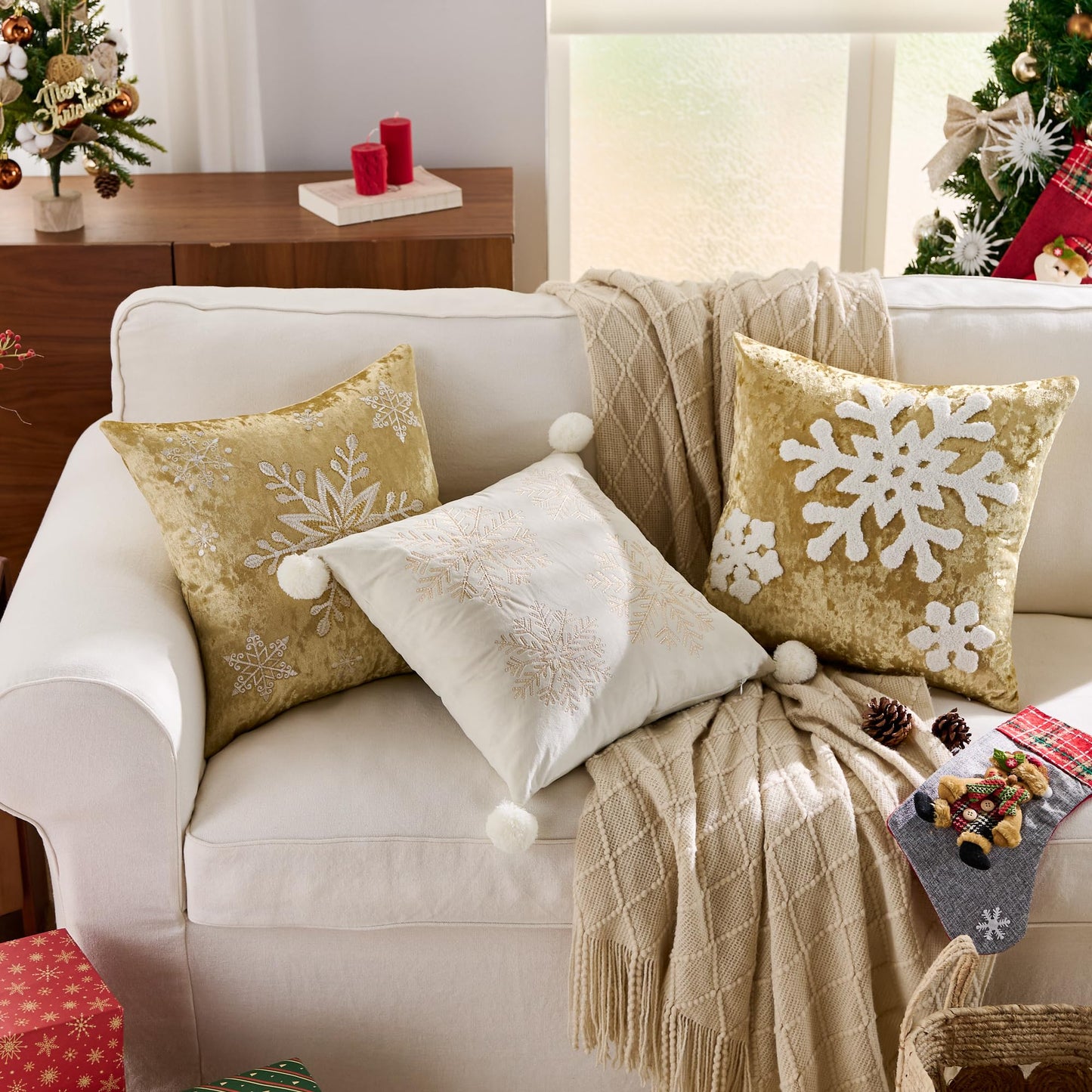 KINDREX Christmas Pom poms Snowflake Throw Pillow Covers 18x18 Set of 2 Winter Holiday Decorative Embroidered Soft Velvet Accent Pillowcase for Sofa Couch Bed Living Room Festivals Home Decor,White