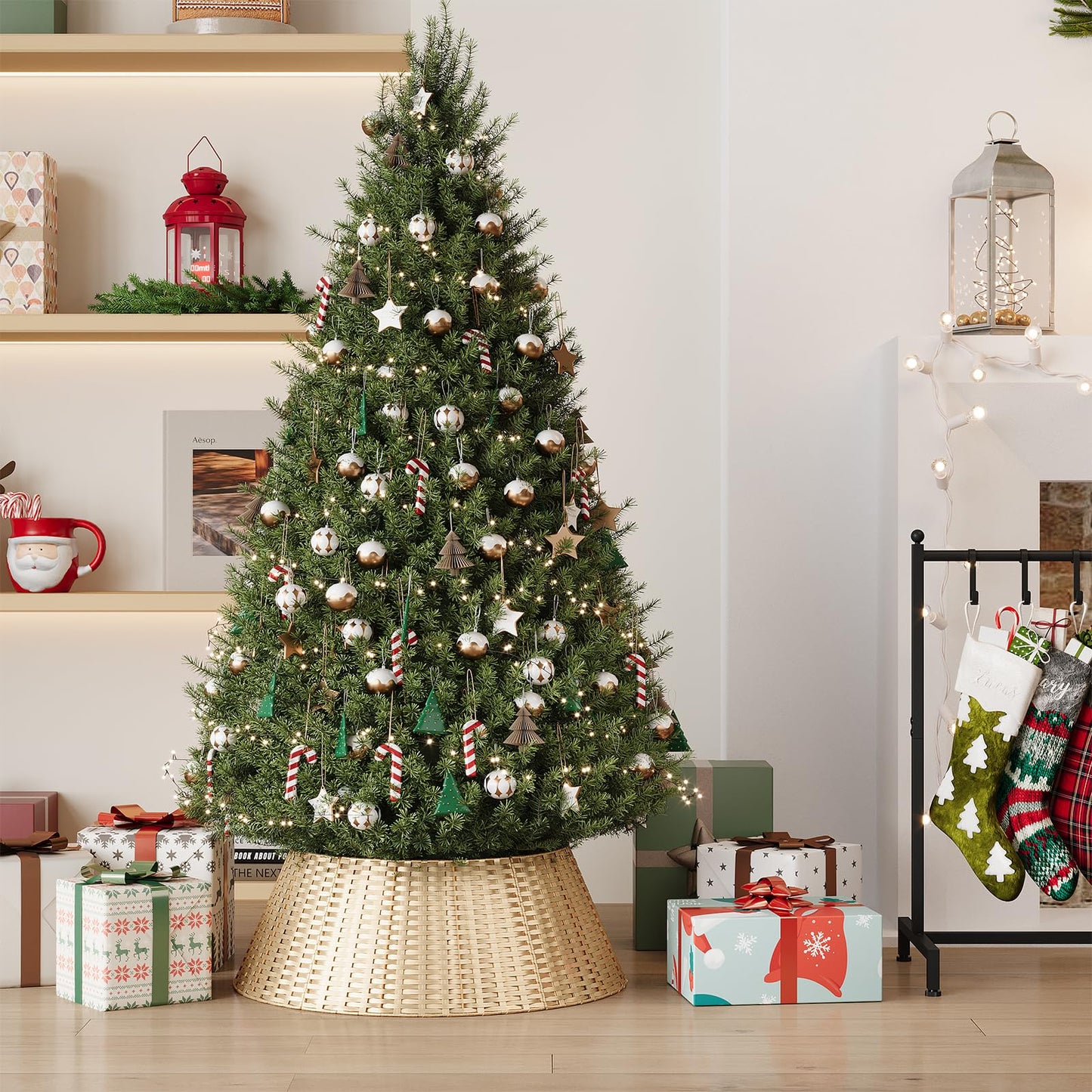 ELYKEN Gold Christmas Tree Collar, 28 Inch Woven Xmas Tree Skirt for 7.5 ft Trees, Stylish Rustic Basket for Tree Base Cover with Cord Cut-Out for Pencil Trees, Easy Assembly