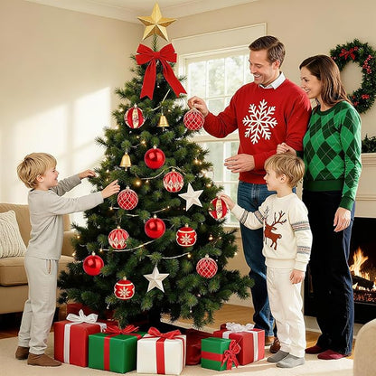 EveryMerry 24-Pack 3.1 Inch Christmas Ornaments Set - Red & Gold Ornament Balls with 5 Various Designs, Decorations with Strings, Sturdy, Kraft Box with Lid for Xmas Tree, Holiday Party & Home Decor
