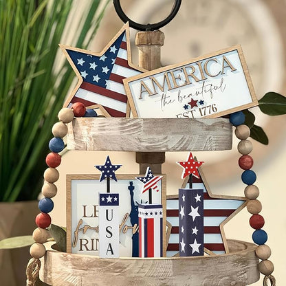 COCHIE 4th of July Decorations Set, Red White Blue Decor, Wooden Patriotic Memorial Day Tiered Tray Decor, Labor Day Decorations, Fourth of July Decoration for Home Office Table (Flag Printed)
