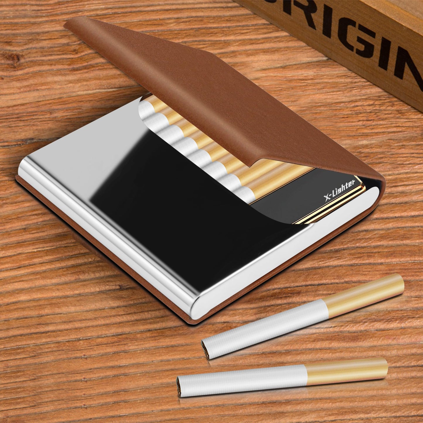 X-LIGHTER Cigarette Case with Lighter for 84MM King Size, Smell Proof, Ultra Slim, Leather Cigarette Holder Case for Men, Business