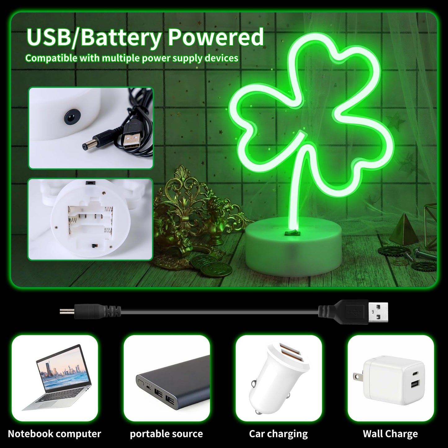 St Patrick's Day Shamrock Light - Patrick Party Neon Sign Decoration - Green Clover LED Night Light - USB or Battery Powered Table Lamp - Lucky Shamrocks Gifts for Kids - Decor for Window Room Bedroom