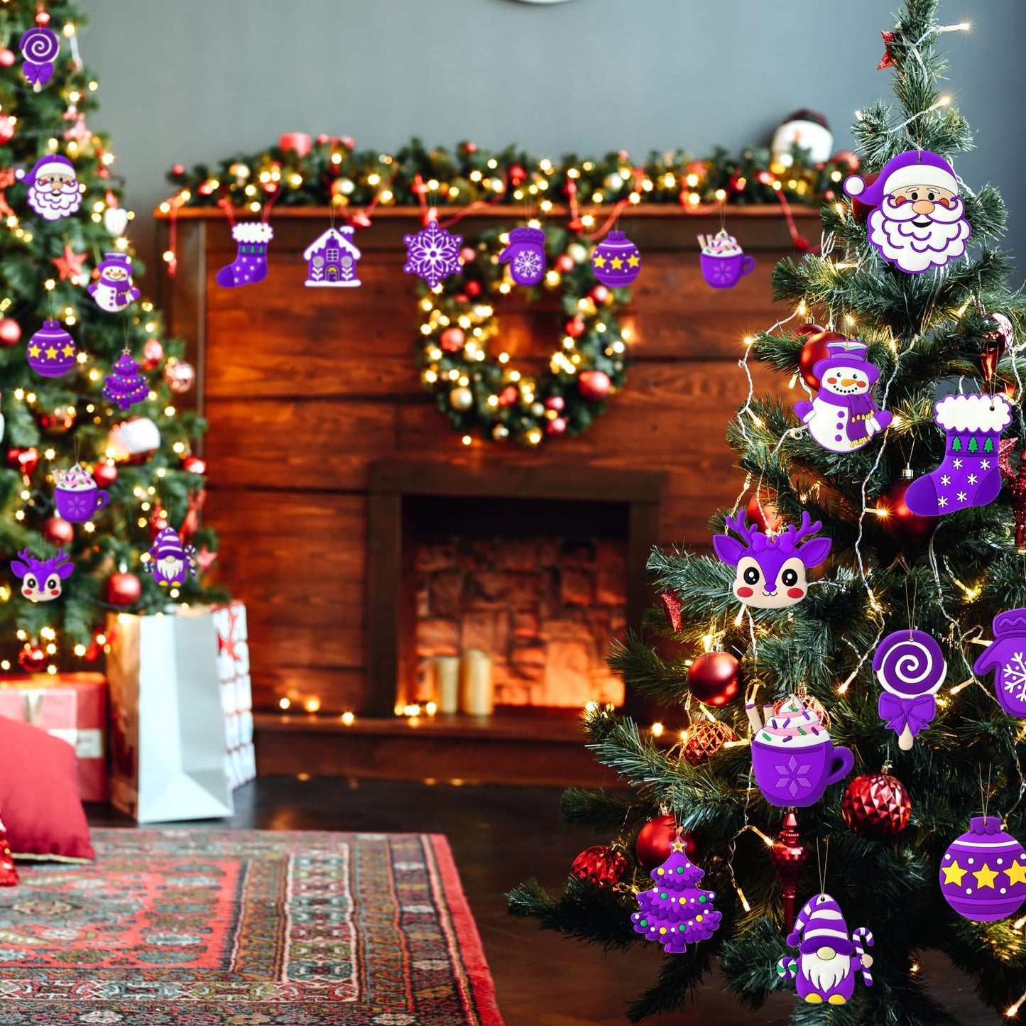 Lunmon 24 Pcs Purple Christmas Ornaments PVC Pastel Ornaments for Christmas Tree Santa Claus Gingerbread House Gnomes Xmas Baubles Winter Decorations for Xmas Tree Party Holiday Decor