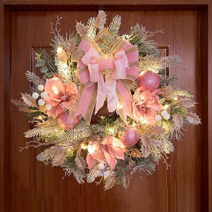 22inch Christmas Pink Wreath for Front Door with 30 LED Lights,Elegant Magnolia Christmas Door Wreath,Festive Holiday Decor, Frosted Winter Pink Decorations for Wedding