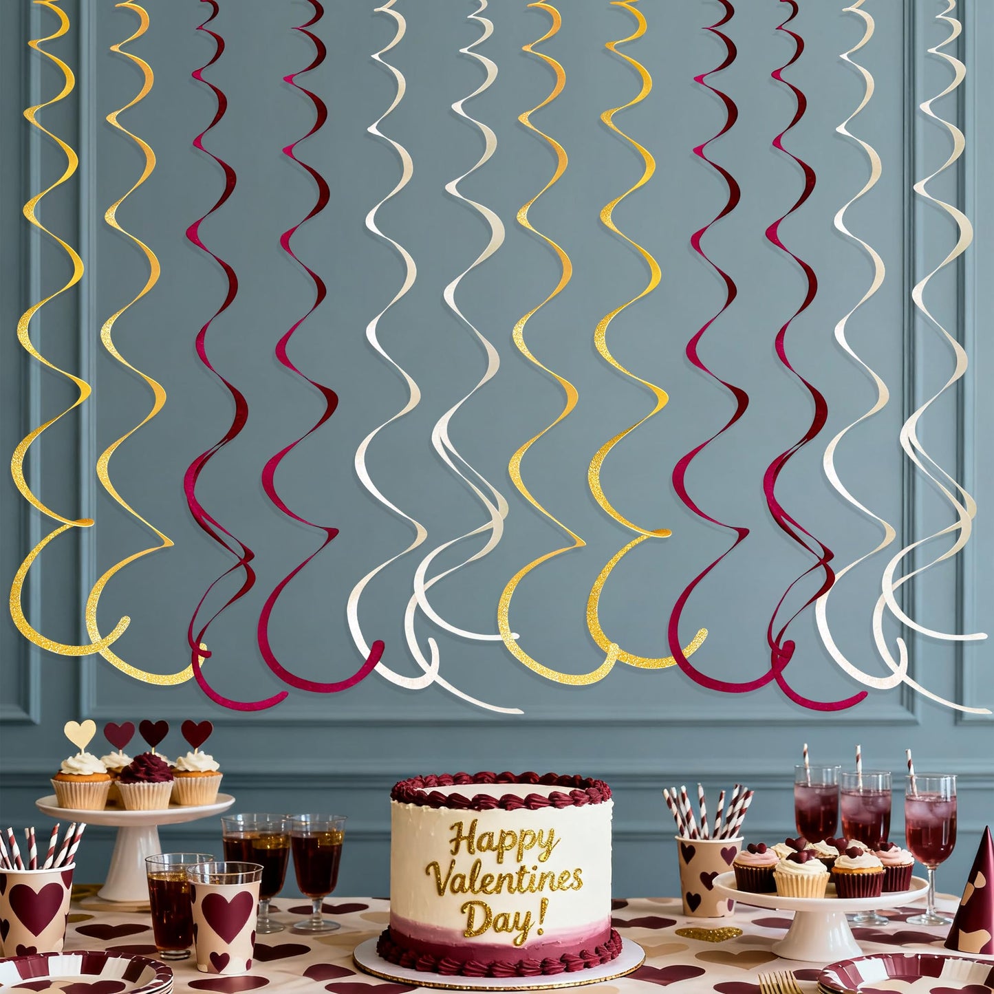 36 Pcs Maroon Gold Hanging Swirl Decorations Glitter Gold Burgundy Beige Felt Swirl Streamer Spiral Ceiling Garland for Birthday Graduation Wedding Baby Shower Retirement Anniversary Garnet Party