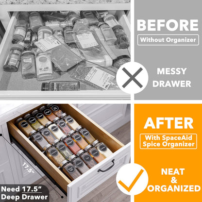 SpaceAid Spice Drawer Organizer with 28 Spice Jars, 386 Spice Labels, 4 Tier Seasoning Rack Tray Insert for Kitchen Drawers, 13" Wide x 17.5" Deep