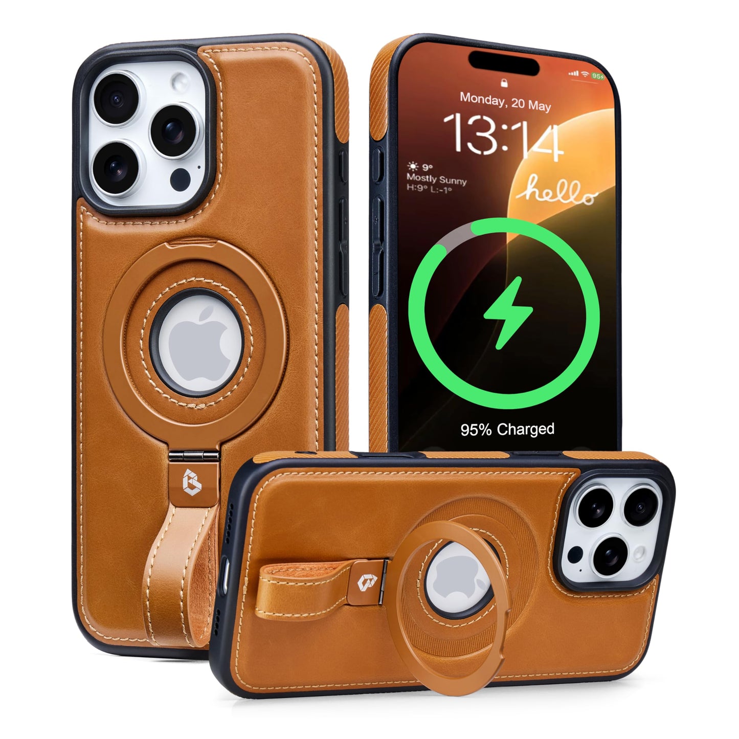 Butaiga for iPhone 16 Pro Max Leather Case with Stand, Anti-Slip Grip Ring, Fits for MagSafe (Brown, iPhone 16 Pro Max)