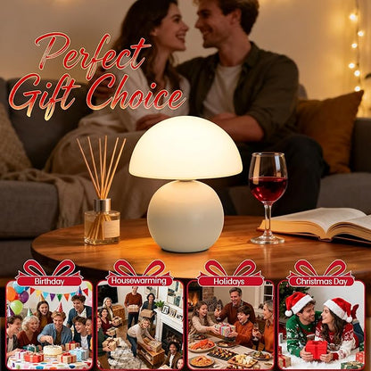 Small Mushroom Lamp,USB-Plug in Bedside Table Lamps with 3-Temperature LED Bulb Dimmable,Unique Cute Aesthetic Home Decor for Living Room,Bedroom, Modern Ceramic Base Glass Lamp(White)