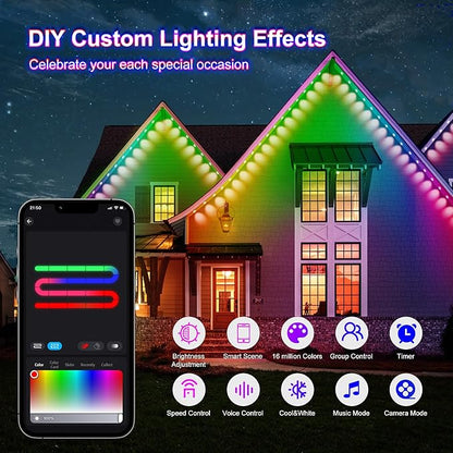 Permanent Outdoor Lights,50ft 36LEDs Eternity Lighting,RGB+IC Smart Eaves Light IP67 Waterproof,for Halloween, Christmas, Holiday, Party,Compatible with Alexa, Google Assistant