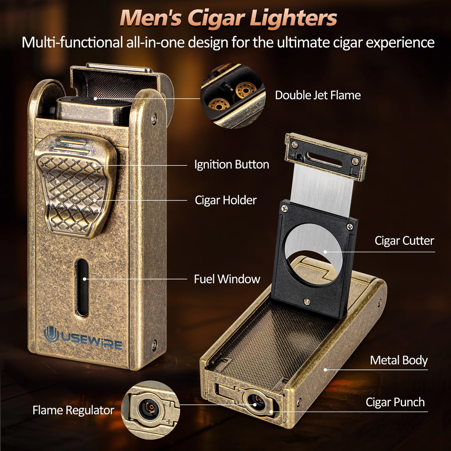 Usewire Cigar Humidor, Leather Cigar Case with Cigar Lighter, Built-in Straight Cigar Cutter and Cigar Punch, Travel Cigar Humidor with Humidifier and Cedar Tray, Cigar Accessories Set for Men
