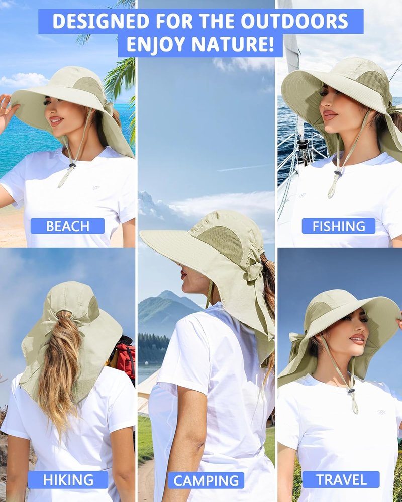 Women's UV Protection Sun Hat - Wide Brim Fishing Hat with Ponytail Hole & Neck Flap | Ideal for Beach, Hiking, Camping