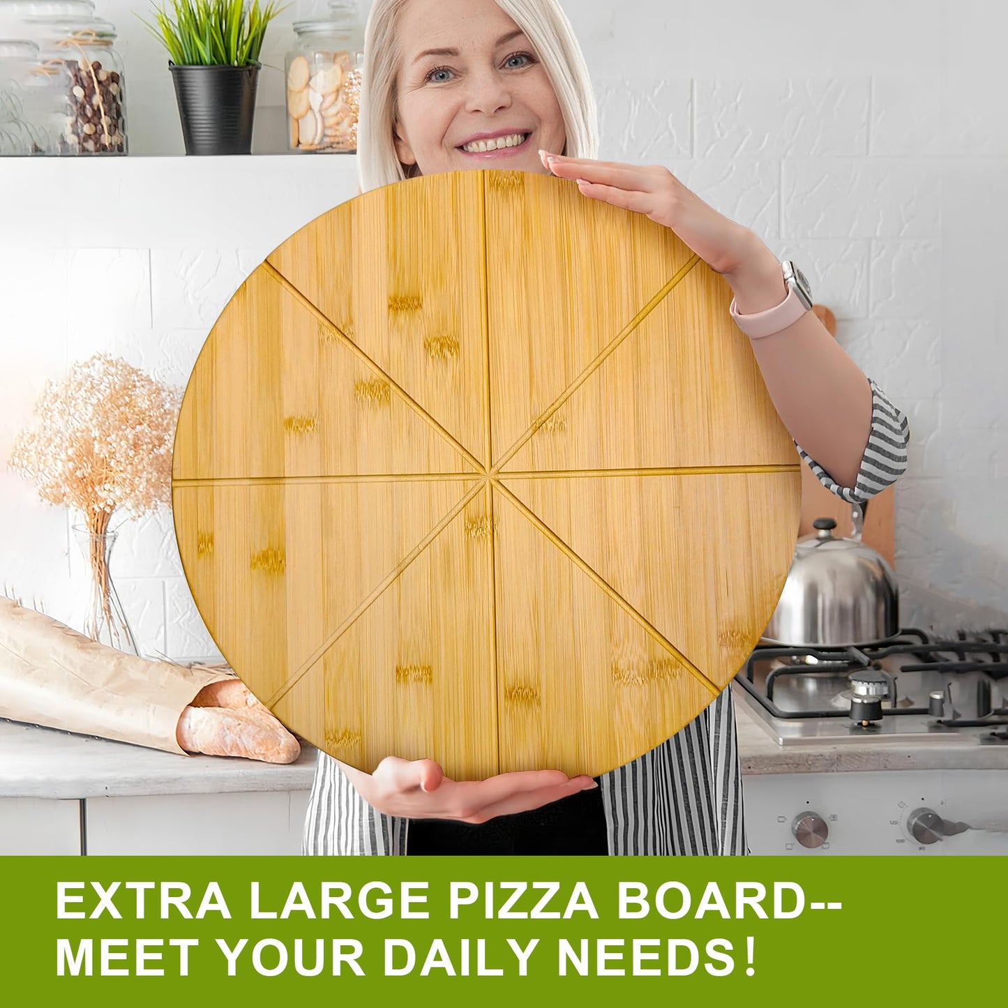 TUOCON 16" Pizza Cutting Board Double Sided Round Cutting Boards Large Pizza Server Bamboo Wooden 16inch Platter Pizza Oven Accessories Kitchen Gifts Pizza Prep Board with Grooves