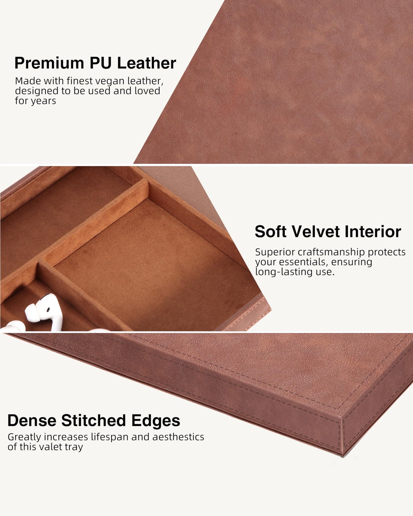 Investme Valet Tray with Wireless Charger, Nightstand Organizer for Men, EDC Catchall Tray for Keys, Watch, Wallet, Jewellery, Premium Vegan Leather, Bedside Caddy, Stylish and Organized, Brown