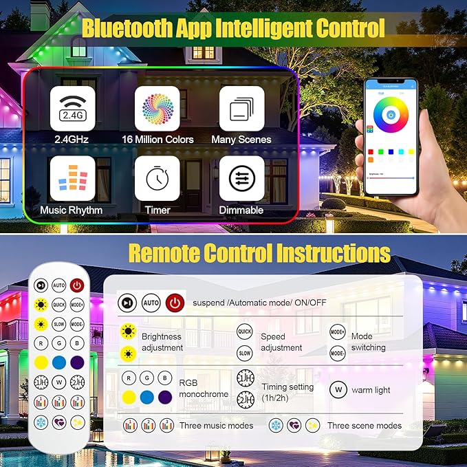 Permanent Outdoor Lights, 150ft RGB+IC Outside Lights for House, IP67 Waterproof Smart Outdoor Decorations with App/Remote Control for Halloween, Christmas, Holiday, Daily, Party