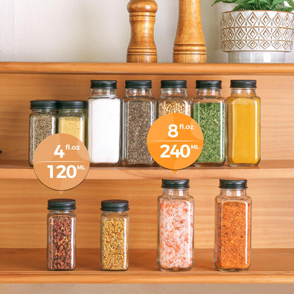 ComSaf 6Pcs 4oz Glass Spice Jars with Shaker Lids, 21 Labels, Spice Jars Trial Set & Supplement Set, Empty Spice Containers and Square Spice Bottles for Kitchen and Seasoning