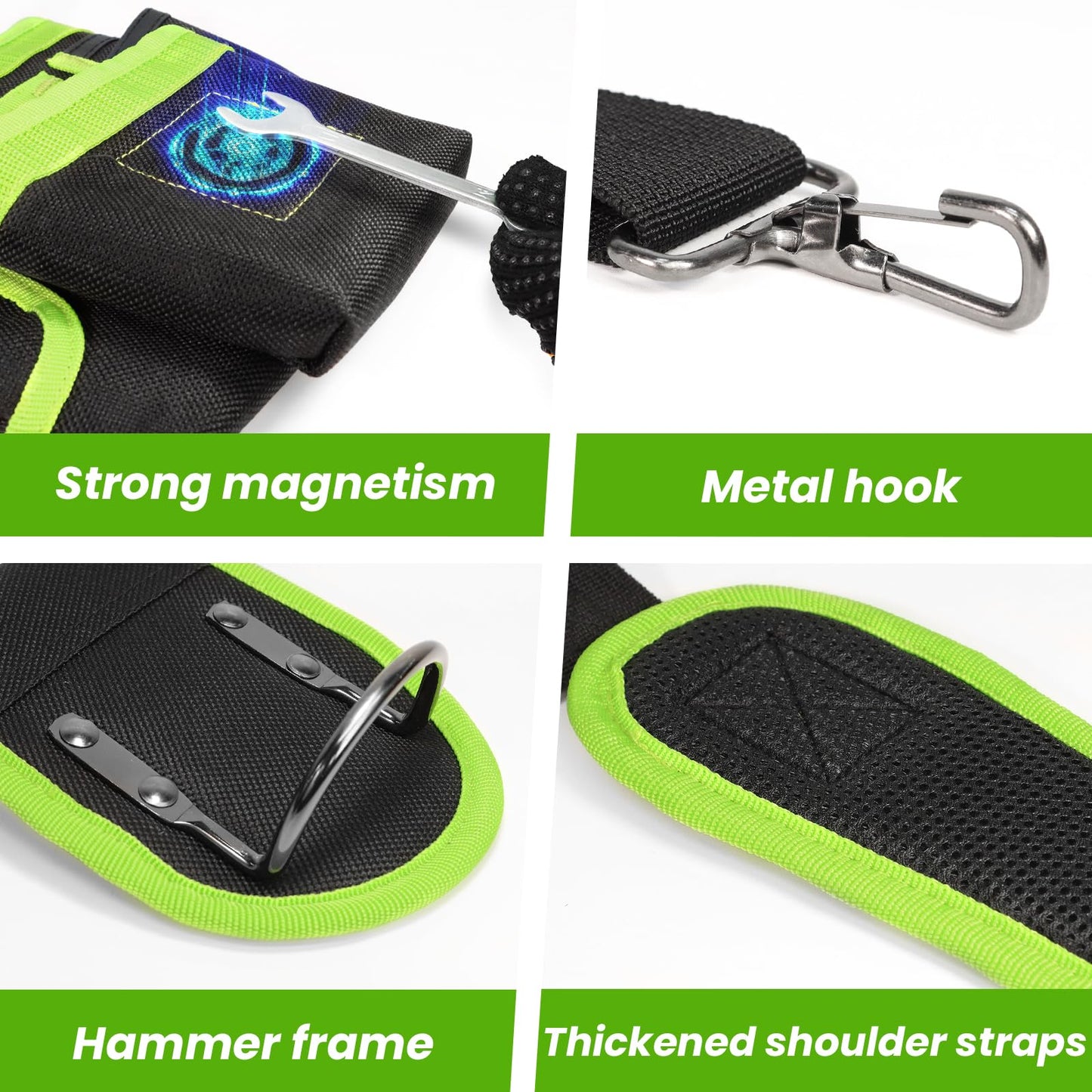 Tool Belt, Professional Tool Belts for Men, Magnetic Tool Pouch With Suspenders, Heavy Duty Detachable Adjustable Utility Belt Work Bags for Electrician, Carpenter (Black and Green, 32"-66")