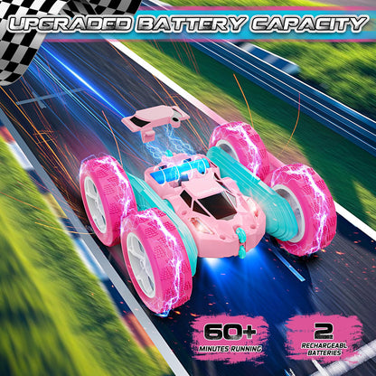 Pink Remote Control Car for Girls - RC Stunt Cars with 4WD Double-Sided Driving 360° Flips Rotating, Off Road Remote Car Outdoor Toys for Kids Age 6 7 8-12, Christmas Birthday Gifts
