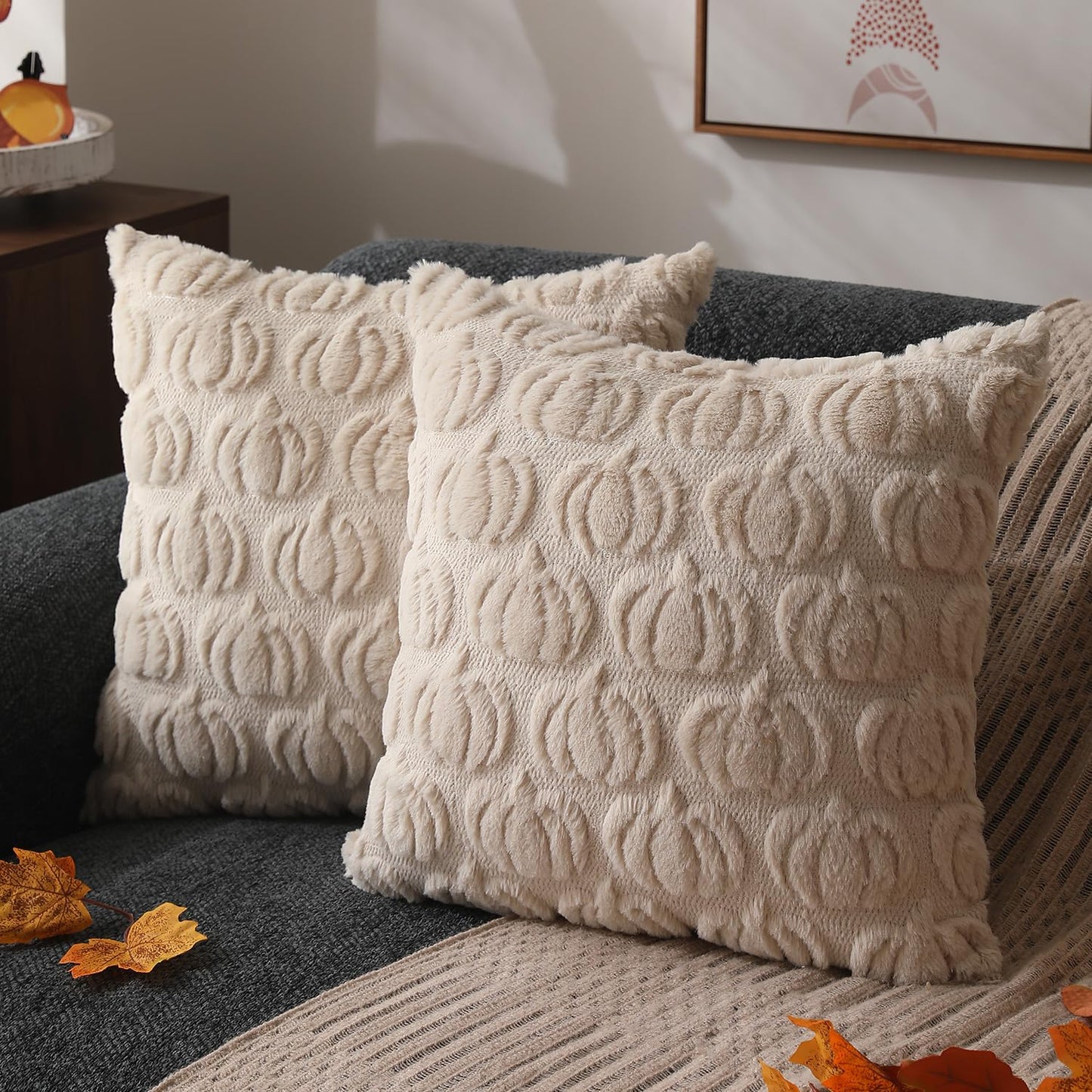 DFXSZ Fall Pillow Covers 18x18 Set of 2 Fall Decorations Autumn Beige Pumpkin Throw Pillow Cases Soft Plush Faux Fur Wool Couch Cushion Case for Chair Sofa Bedroom Living Room Home Decor PTK02B18