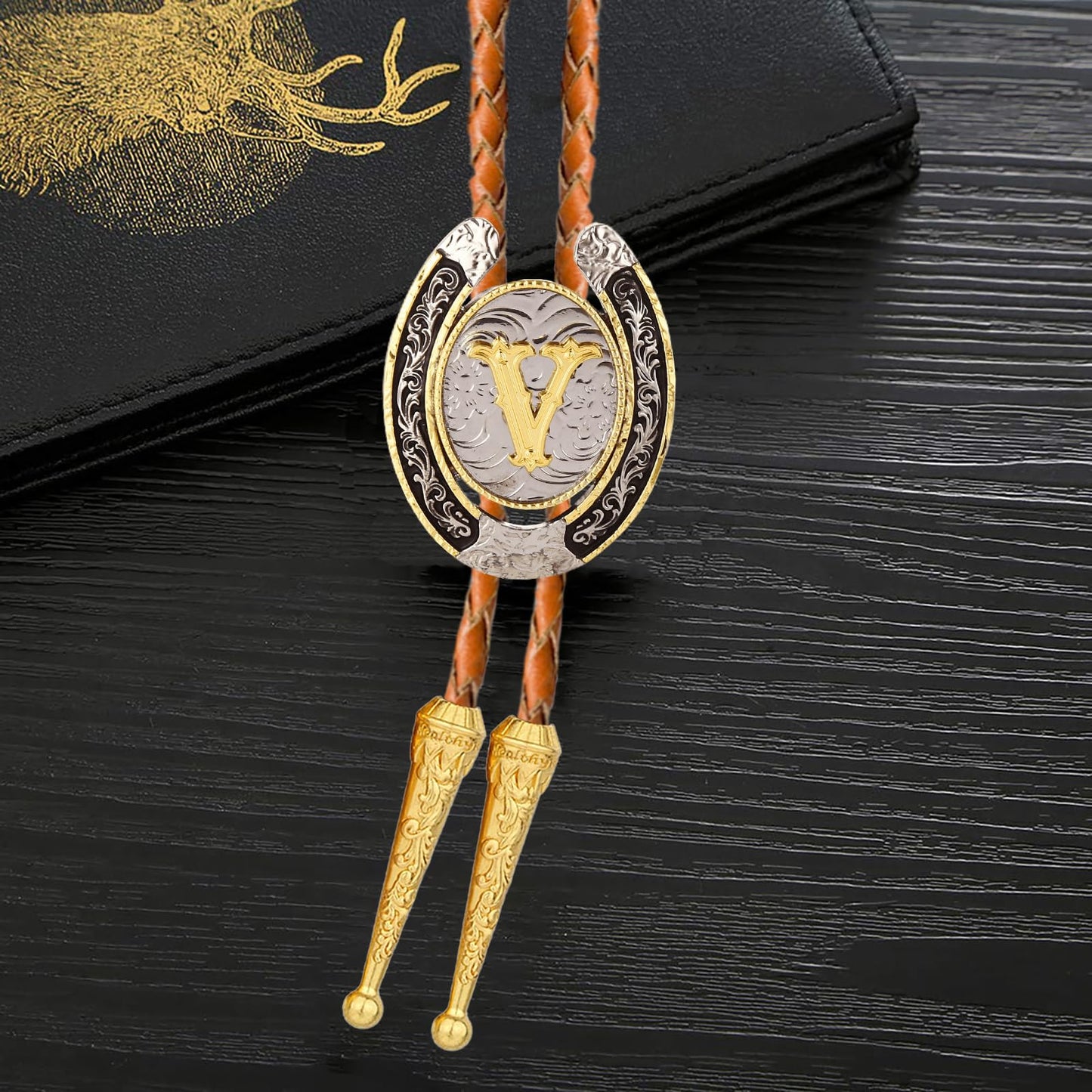HLYMPONY Bolo tie for Men Western Cowboy Brown Leather Necktie Gold Initial Letter ABCDJMR to Z Bolo ties for Women (V)