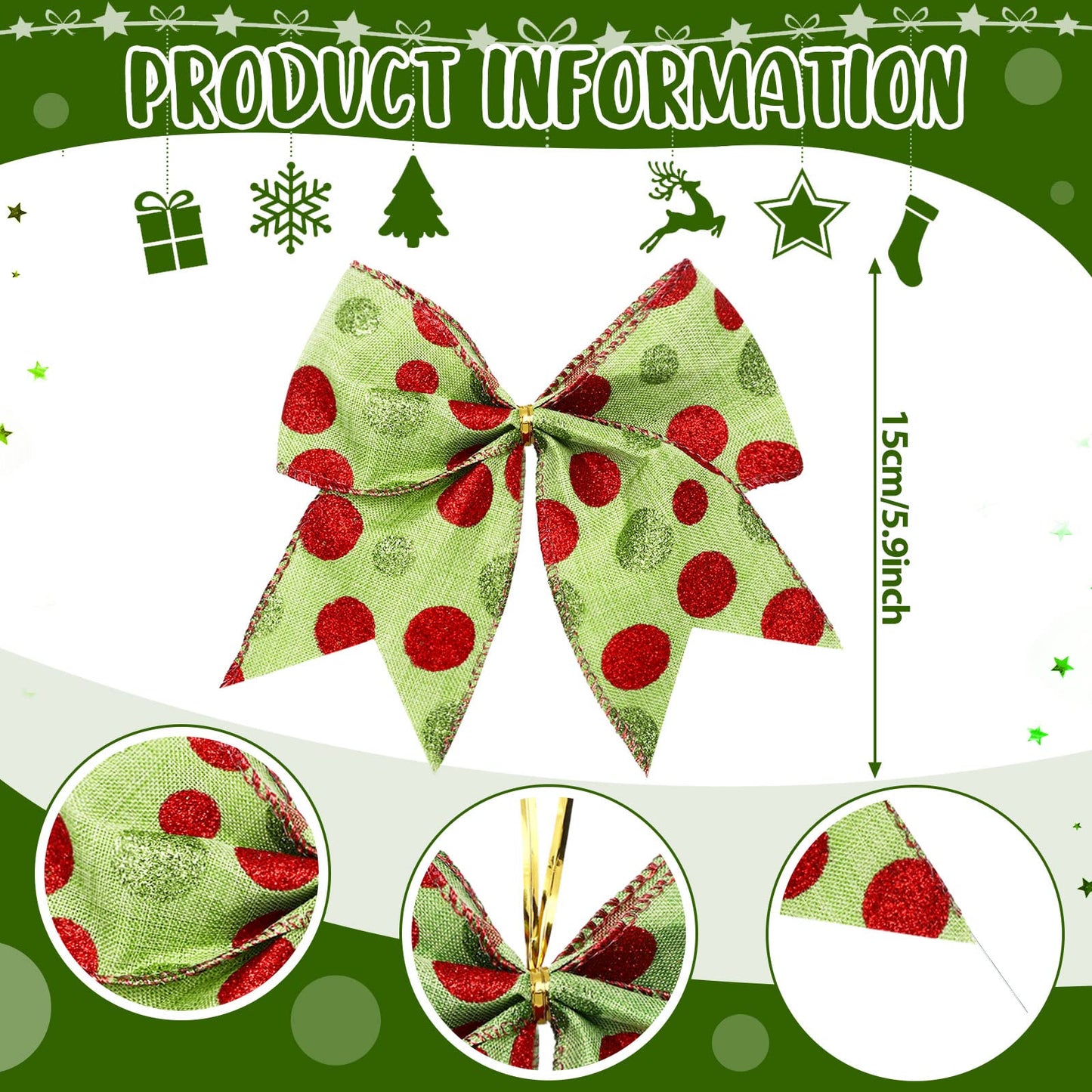 Jetec 12 Pcs Red Green Christmas Bows Decoration 6 Inch Large Christmas Wreaths Bows Xmas Tree Dot Ribbons Ornaments for Garland Wedding Party(Red and Green,Glitter Pattern)