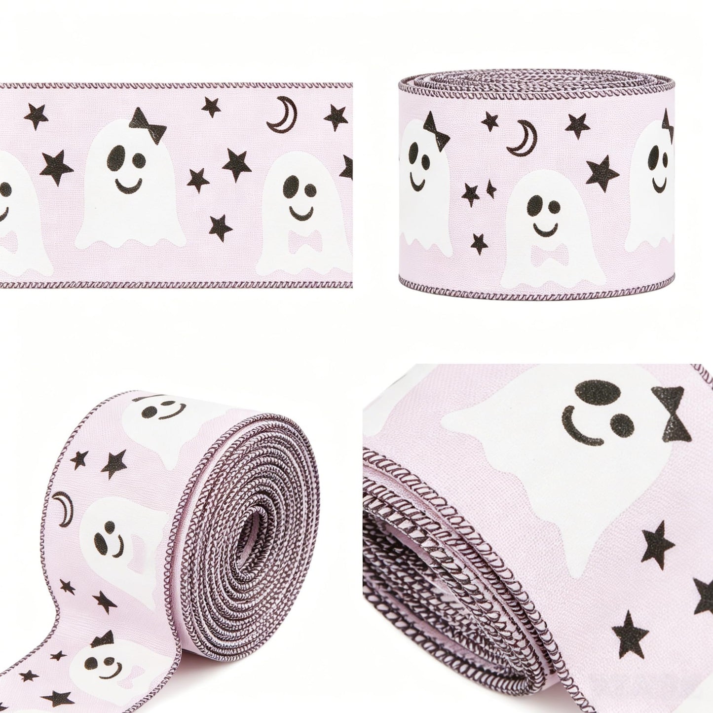 Meseey Pink Ghost Wired Ribbon 2.5 Inch x 20 Yards, Cute Spooky White Ghost Star Moon Linen Wired Edge Ribbon for Halloween Wreath, Gift Wrapping, Fall Birthday Party DIY Craft Decor