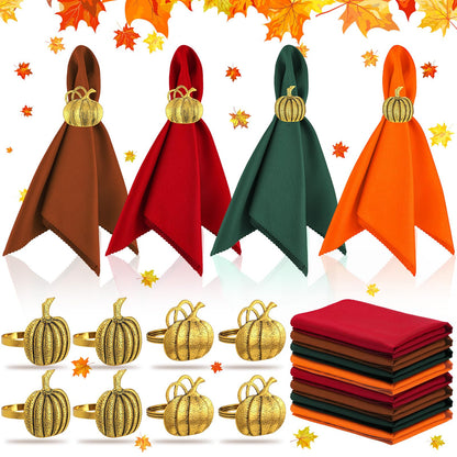 16 Pcs Fall Thanksgiving Napkin Ring Set 8 Pcs Napkin Rings and 8 Pcs Washable Thanksgiving Dinner Napkins for Fall Party Holiday Kitchen Table Decoration for Autumn Party Supplies (Pumpkin)