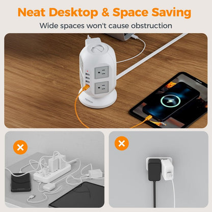 TESSAN Tower Power Strip 10 ft, Long Flat Extension Cord with Multiple Outlets, 8 AC Outlets with 4 USB Ports (1 USB C), Charging Station with, for Home Office Dorm